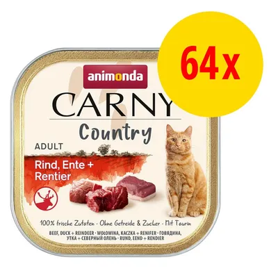 animonda Carny Country Adult Rind, Ente + Rentier, confezione da 64 vaschette. Immagine di un gatto e carne. Testo: 100% frische Zutaten, Ohne Getreide & Zucker, Mit Taurin.