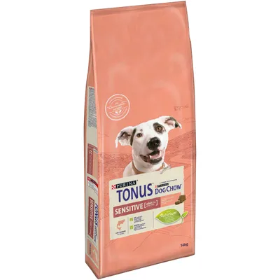 Sacchetto da 14 kg di Purina Tonus Dog Chow Sensitive Adult 1+ con immagine di cane, testo visibile: Natrium, Sensitive, adult 1+, crocchette illustrate sulla confezione.