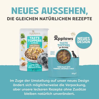 Neues Aussehen, die gleichen natürlichen Rezepte. Applaws Taste Toppers in Broth, Tuna Fillet with Pumpkin, Chickpeas & Kale, 85g. Neues Design. Rezept bleibt unverändert.