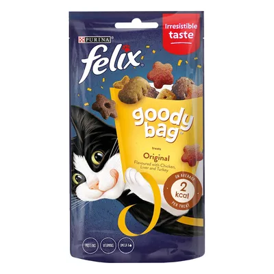 Felix goody bag treats, original flavour with chicken, liver and turkey. Irresistible taste. On average 2 kcal per treat. Contains proteins, vitamins, omega 6.