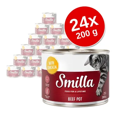 Smilla Beef Pot with Chicken, 24 puszki po 200 g. Widoczny napis: contains taurine, grain-free recipe. Na etykiecie kot i logo Smilla.