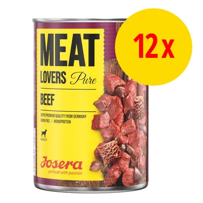Josera Meat Lovers Pure Beef, 12 x dåser. Tekst: Super premium quality from Germany, grain free, monoprotein, adult, petfood with passion. Billede af oksekødstern på etiketten.