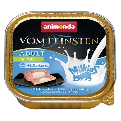 Animonda Vom Feinsten Adult met kalkoen en melkcentrum. Natvoer voor katten, met Milkies-logo en afbeelding van het product op zwart bord.