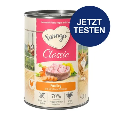 Feringa Classic Nassfutter für Katzen, Sorte Poultry mit Karotten und Löwenzahn, getreidefrei, 70% tierische Zutaten, mit Taurin, 400g. Jetzt testen.