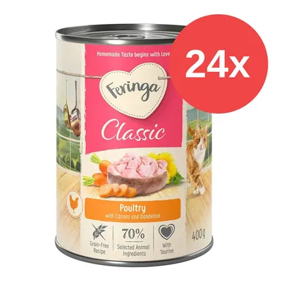 Feringa Classic Geflügel mit Karotten und Löwenzahn, getreidefreie Rezeptur, 70% ausgewählte tierische Zutaten, mit Taurin. Packungsgröße: 24x 400g.