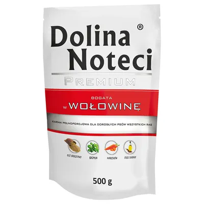 Dolina Noteci Premium, reich an Rindfleisch. Vollwertfutter für erwachsene Hunde aller Rassen. Zutaten: brauner Reis, Basilikum, Karotten, Leinöl. Packungsgrösse: 500 g.