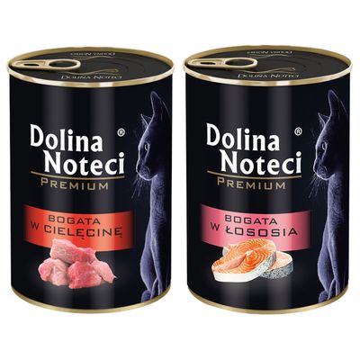 Zestaw 24 puszek po 400 g Dolina Noteci Premium, bogata w łososia. Na etykiecie widoczny kot i kawałki łososia.