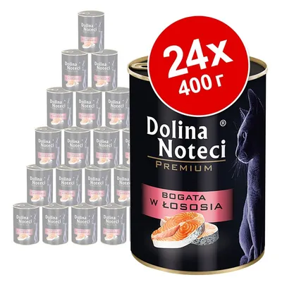 24 консерви по 400 г Dolina Noteci Premium, етикет с текст BOGATA W ŁOSOSIA и изображение на сьомга и котка. Голям червен кръг с надпис 24x 400 г.