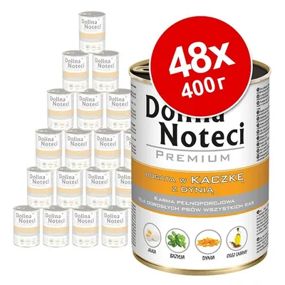 48 консерви по 400 г Dolina Noteci Premium. Видими съставки: яйце, босилек, тиква, ленено масло. Текст на полски език: BOGATA W KACZKĘ Z DYNIĄ.
