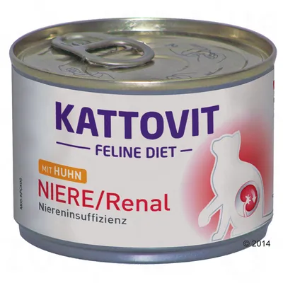 Kattovit Feline Diet Niere/Renal with chicken, for renal insufficiency, shown on product tin label.