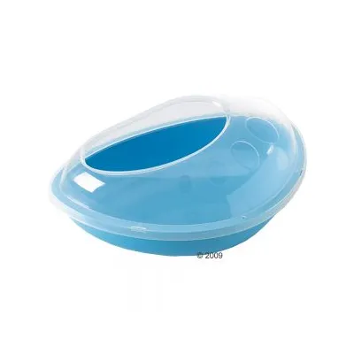 Toilette per piccoli animali in plastica azzurra con coperchio trasparente e apertura superiore ovale, bordo rialzato e fori laterali visibili.