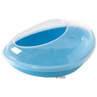 Toilette per piccoli animali in plastica azzurra con coperchio trasparente e apertura superiore ovale, bordo rialzato e fori laterali visibili. Toilette per piccoli animali in plastica azzurra con coperchio trasparente e apertura superiore ovale, bordo rialzato e fori laterali visibili.