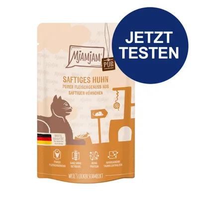 MjAMjAM Saftiges Huhn, purer Fleischgenuss aus saftigem Hühnchen. Beste Qualität, ganz ohne Getreide, Monoprotein, ausreichend Taurin enthalten. Jetzt testen.