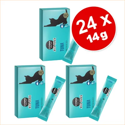 Cosma Jelly Snack Tuna, 24 x 14g. Συνταγή χωρίς δημητριακά, συσκευασία με σιλουέτα γάτας και σύμβολο ψαριού.