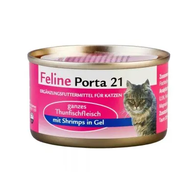 Feline Porta 21, alimento complementare per gatti, carne intera di tonno con gamberetti in gel. Testo in tedesco: 'ganzes Thunfischfleisch mit Shrimps in Gel'. Immagine di un gatto sull'etichetta.