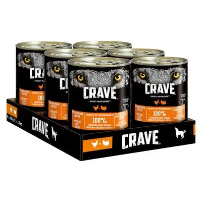 CRAVE natvoer, 6 blikken in tray. Op het etiket: afbeelding van dierenogen, tekst '100% natuurlijke ingrediënten', kip- en rundpictogrammen, zichtbaar hondenpictogram.