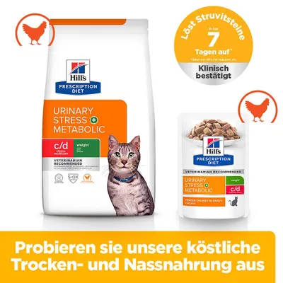 Hill's Prescription Diet Urinary Stress + Metabolic Trocken- und Nassnahrung, löst Struvitsteine in 7 Tagen auf, klinisch bestätigt. Probieren Sie unsere köstliche Trocken- und Nassnahrung aus.