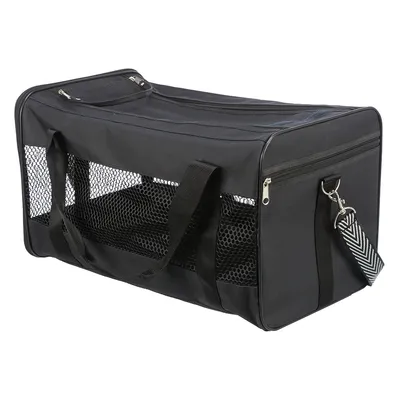 Borsa da trasporto nera con finestre in rete, cerniere e tracolla rimovibile. Adatta per il trasporto sicuro di pet.