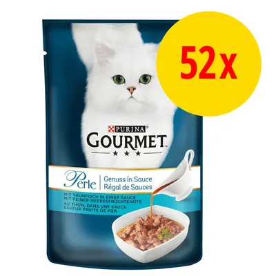 Purina Gourmet Perle Genuss in Sauce mit Thunfisch in feiner Meeresfrüchtenote, 52x Portionsbeutel.