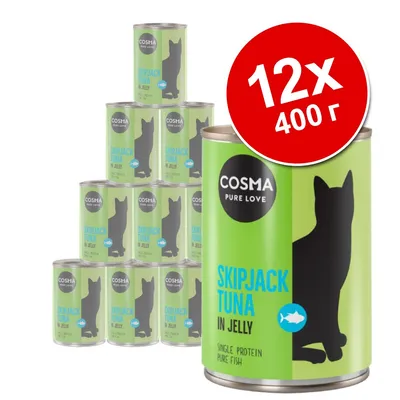 Набор из 12 банок по 400 г Cosma Pure Love Skipjack Tuna in Jelly. На упаковке изображён силуэт кошки и надписи: Single Protein, Pure Fish.
