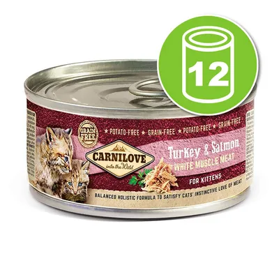 Консерва Carnilove Turkey & Salmon for Kittens, надпис Grain Free, изображение на котки. Зелен символ с бяла консерва и числото 12.