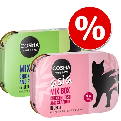 Cosma Pure Love Asia Mix Box macskaeledel, csirke, hal és tenger gyümölcsei zselében, 6×170g. Akciós ajánlat százalék jellel a képen.