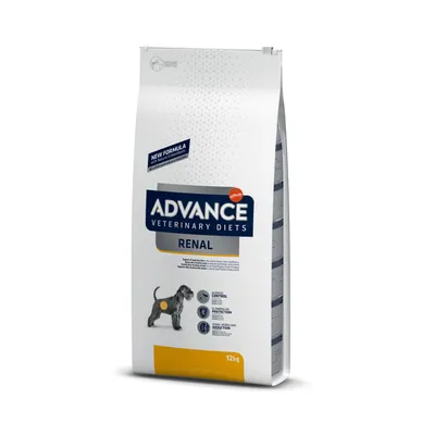 Sac de croquettes Advance Veterinary Diets Renal, 12 kg, avec mention New Formula et illustration d’un chien. Texte visible : access control, renal workload reduction, immune protection.