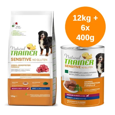 Natural Trainer Sensitive No Gluten per cani, confezione da 12 kg di crocchette e 6 lattine da 400 g, con agnello e cereali integrali, formula monoproteica, aiuta la digestione.