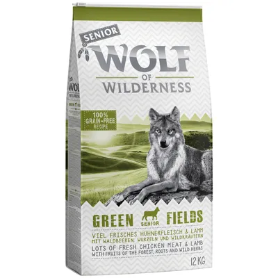 Wolf of Wilderness Senior Green Fields, 100 % viljaton resepti, paljon tuoretta kananlihaa ja lammasta, metsämarjoja, juuria ja villiyrttejä, 12 kg.