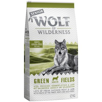 Prøvepris: 12 kg Wolf of Wilderness + 6 x 400 g / 6 x 800 g vådfoder Senior: Green Fields - Lam (12 kg + 6 x 800 g)