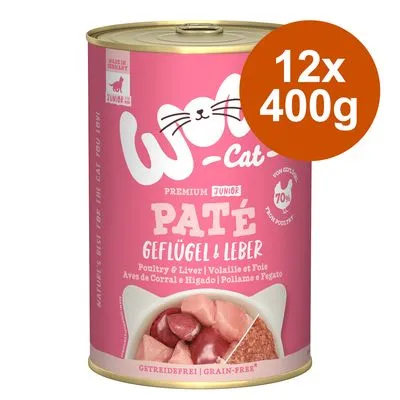 Woo Cat Premium Junior Paté Geflügel & Leber, 12x400g, graanvrij. Blik met afbeelding van paté en stukjes vlees. 70% gevogelte. Voor katten. Tekst in meerdere talen zichtbaar.