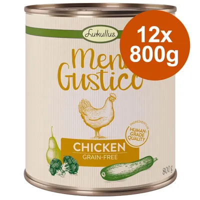Lukullus Menü Gustico, Chicken, grain-free, Human-Grade Quality, 12x800g. Zutaten: Huhn, Brokkoli, Zucchini, Birne.