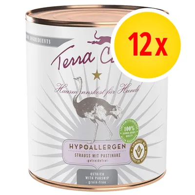 Confezione da 12 di Terra Canis Hypoallergen Strauss mit Pastinake, alimento per cani, scritta '100% human-grade quality', senza cereali, struzzo con pastinaca. Confezione da 12 di Terra Canis Hypoallergen Strauss mit Pastinake, alimento per cani, scritta '100% human-grade quality', senza cereali, struzzo con pastinaca.