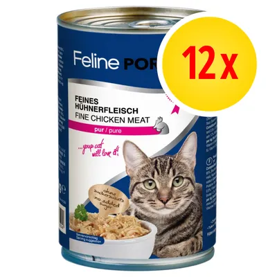 Feline Porta 21, carne di pollo fine, pur/pure, senza zuccheri aggiunti, confezione da 12. Testo in inglese e tedesco visibile sull'etichetta.