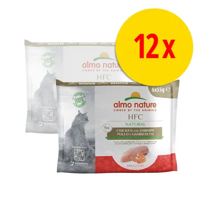 almo nature HFC Natural, 12x55g, poulet et crevettes pour chat adulte, lot de 2 paquets de 6 sachets, texte visible : profits 100 % to nature