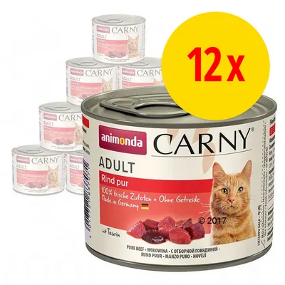 Lot de 12 boîtes Animonda Carny Adult Rind pur, étiquette visible : 100 % frische Zutaten, Ohne Getreide, Made in Germany, image d’un chat et morceaux de bœuf sur l’emballage.