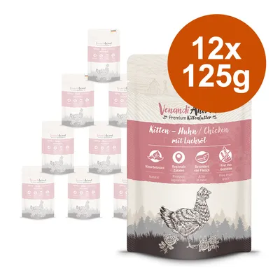 Venandi Animal Premium Kittenfutter, Kitten – Huhn mit huile de saumon, 12x125g. Ingrédients naturels, régionaux, riche en viande, sans céréales. Texte en allemand et anglais visible.