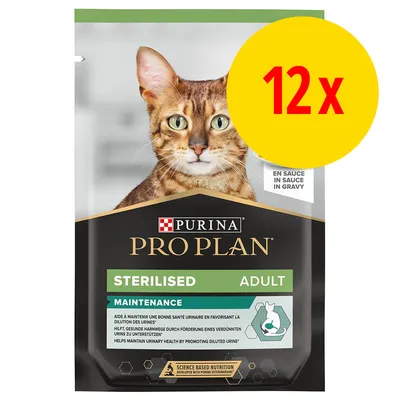 Purina Pro Plan Sterilised Adult Maintenance, sachet pour chat, 12x. Texte visible : aide à maintenir une bonne santé urinaire en favorisant la dilution des urines.