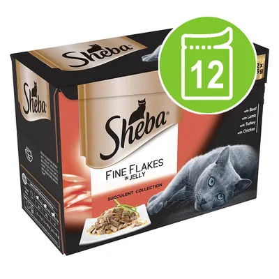 Sheba Fine Flakes in Jelly Succulent Collection, visible flavours: beef, lamb, turkey, chicken. Box with image of grey cat and plate of food. Green icon with number 12 on sachet.