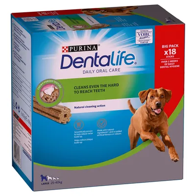 Purina Dentalife Daily Oral Care, Big Pack x18 palčk za pse 25-40 kg. Podpira zobno higieno s porozno teksturo in naravnimi sestavinami. Znanstveno dokazano proti nastajanju zobnih oblog.