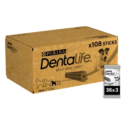 Purina Dentalife Daily Oral Care, x108 stick per cani piccoli (7-12 kg), confezione e singolo stick visibili.
