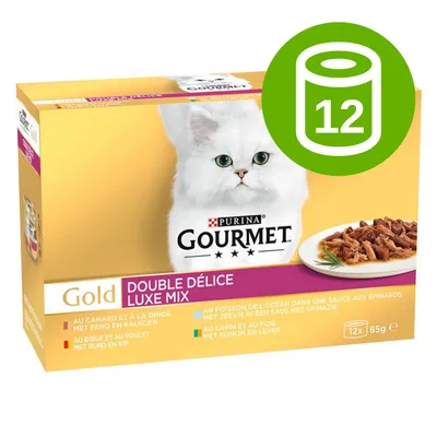 Purina Gourmet Gold Double Délice Luxe Mix, opakowanie 12 x 85 g. Widoczny biały kot i talerz karmy. Zielona ikona z symbolem puszki i liczbą 12. Purina Gourmet Gold Double Délice Luxe Mix, opakowanie 12 x 85 g. Widoczny biały kot i talerz karmy. Zielona ikona z symbolem puszki i liczbą 12.