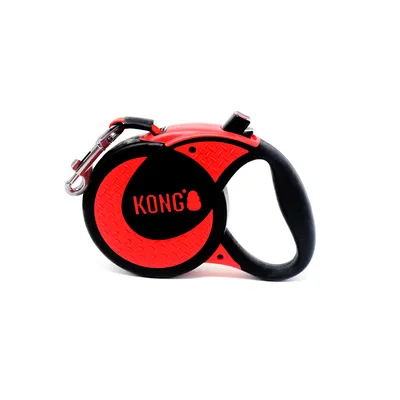 KONG Flexi-Rollleine in Rot und Schwarz mit ergonomischem Griff und Metallkarabinerhaken.