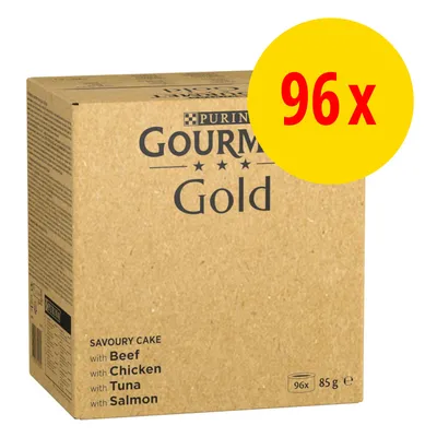 Purina Gourmet Gold, 96x 85g, Sorten: Rind, Huhn, Thunfisch, Lachs. Verpackung mit gelbem Kreis und roter Zahl '96x'. Purina Gourmet Gold, 96x 85g, Sorten: Rind, Huhn, Thunfisch, Lachs. Verpackung mit gelbem Kreis und roter Zahl '96x'.