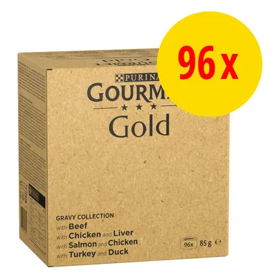 Purina Gourmet Gold Gravy Collection, 96 x 85 g. Sorten: Rind, Huhn und Leber, Lachs und Huhn, Truthahn und Ente. Purina Gourmet Gold Gravy Collection, 96 x 85 g. Sorten: Rind, Huhn und Leber, Lachs und Huhn, Truthahn und Ente.
