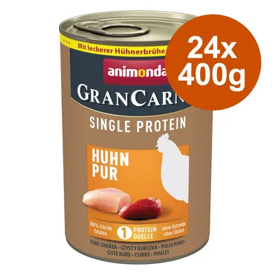 Animonda GranCarno Single Protein Huhn Pur, 24x400g. Z pysznym bulionem drobiowym, 100% świeżych składników, jedno źródło białka, bez zbóż i glutenu.