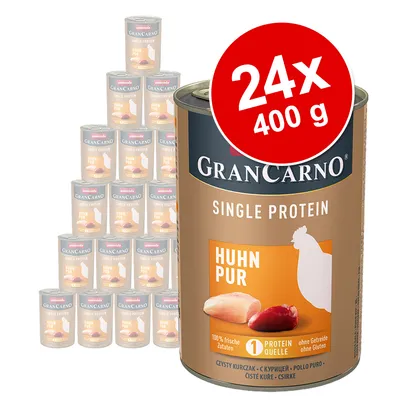 Grancarno Single Protein Huhn Pur -koiran märkäruoka, 24 x 400 g tölkkiä. Etiketissä näkyy kanafile ja sydän sekä teksti: 1 protein quelle, ohne getreide, ohne gluten.