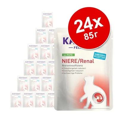 Kattovit Feline NIERE/Renal с пуешко, 24 x 85 г. Видим текст: Phosphorgehalt reduziert, Eiweißgehalt reduziert, hochwertige Proteine, verbesserte Rezeptur. Опаковки на паучове.
