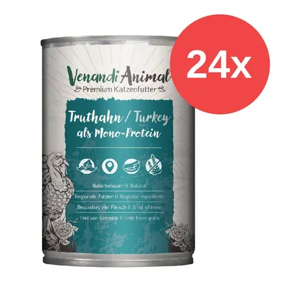Venandi Animal Premium Katzenfutter Truthahn als Mono-Protein, naturbelassen, regionale Zutaten, besonders viel Fleisch, frei von Getreide. Packung mit 24 Dosen.