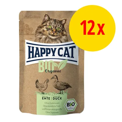 Confezione Happy Cat BIO Organic, pollo con anatra, senza zuccheri aggiunti, coloranti o conservanti artificiali, senza soia. 12 x indicato in cerchio giallo. Confezione Happy Cat BIO Organic, pollo con anatra, senza zuccheri aggiunti, coloranti o conservanti artificiali, senza soia. 12 x indicato in cerchio giallo.